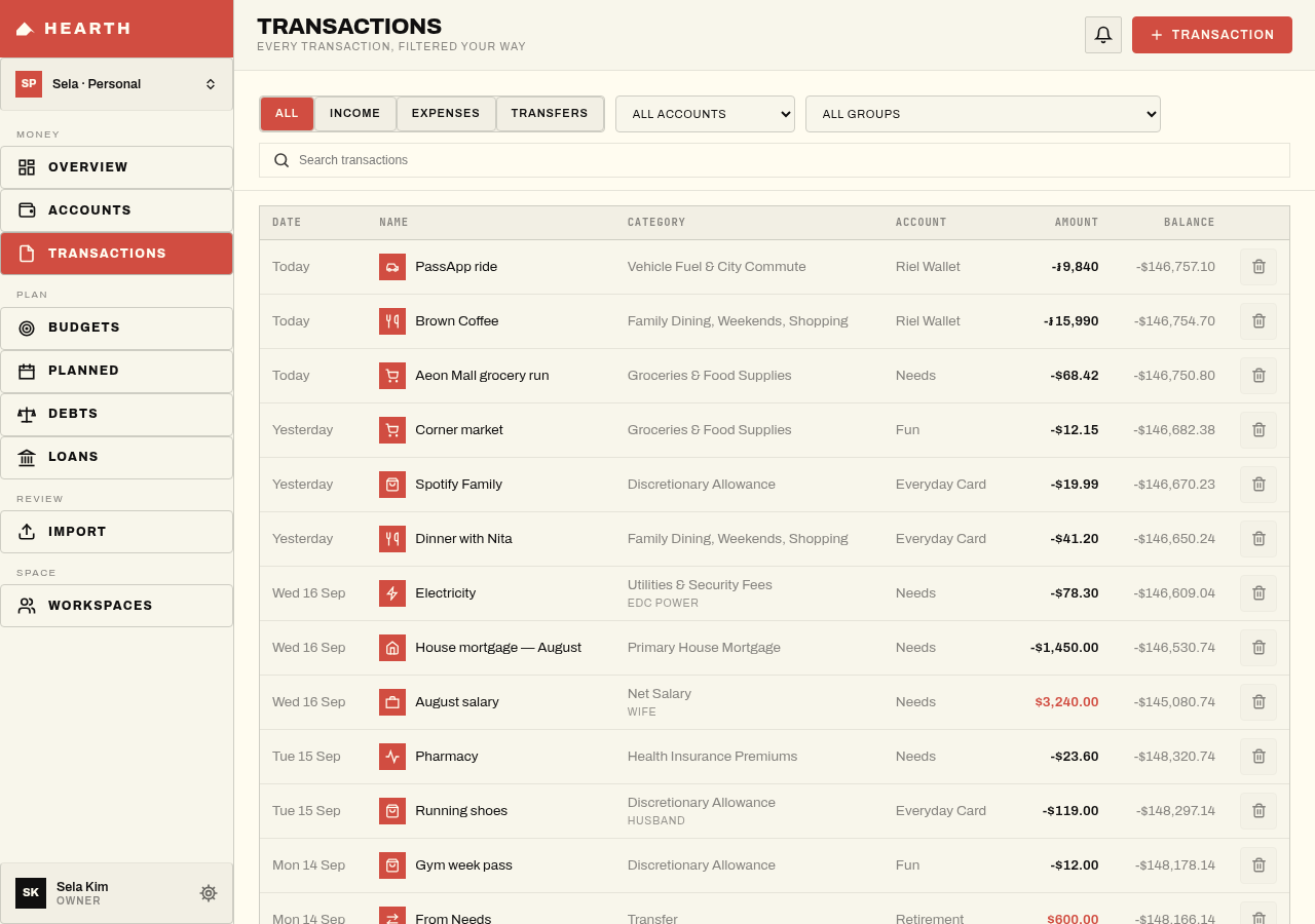 Budgie Fam Transactions ledger screen